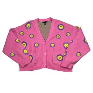 Forever 21 AOP Happy Face Floral V-Neck Cropped Cardigan Sweater FLAW Pink Large